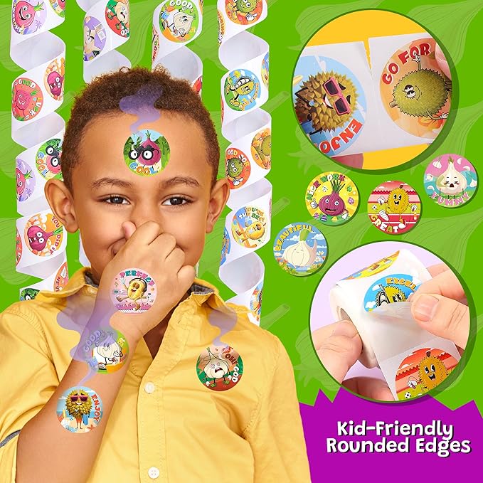 3 Rolls Smelly Stickers for Kids 600 PCS, 24 Designs Onion/Durian/Garlic with Funny Scents, Scratch and Sniff Prank Toys Increase Interaction with Friends, Interesting Reward Stickers for Classroom