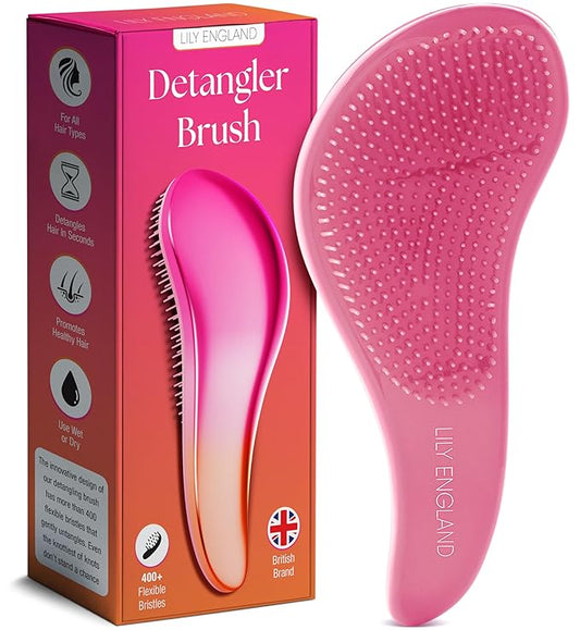 Lily England Detangler Hair Brush for Curly, Thick, Straight & Natural Hair - Gentle Detangling Brush for Women, Kids & Toddlers with Flexible Bristles - Smooth Hairbrush for Wet & Dry Hair, Pink