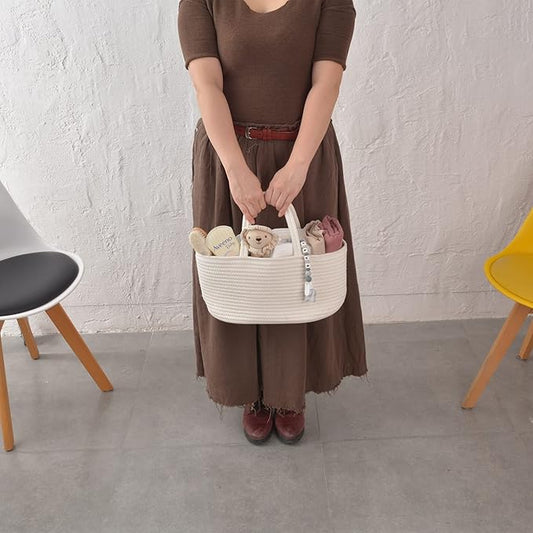 Baby Diaper Caddy Organizer for Girl Boy Cotton Rope Nursery Storage Bin Basket Portable Holder Tote Bag for Changing Table Car Travel Baby Shower Gifts Newborn Essentials Registry Must Haves White