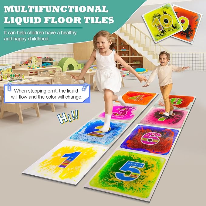 Sensory Floor Mats Kids Autism - Liquid Sensory Tiles with Numbers for Children Over Three Years Old- Sensory Floor Pads for Classroom