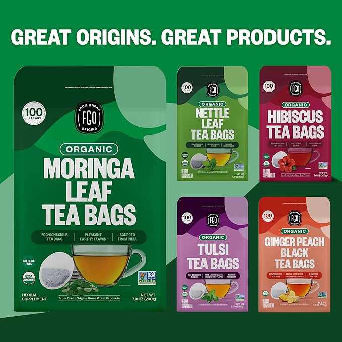 FGO Organic Moringa Tea, 100 Count, Eco-Conscious Tea Bags, Resealable Bag, Caffeine Free, Packaging May Vary (Pack of 1)