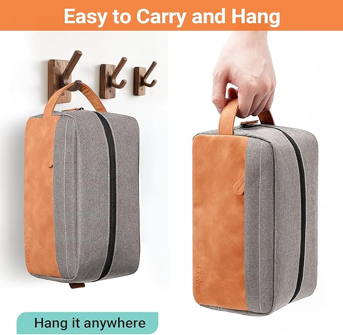 Elviros Travel Toiletry Bag for Men, Hanging Toiletries Bag Water Repellent Dopp Kit PU Leather Travel Bag for Toiletries Accessories, Grey