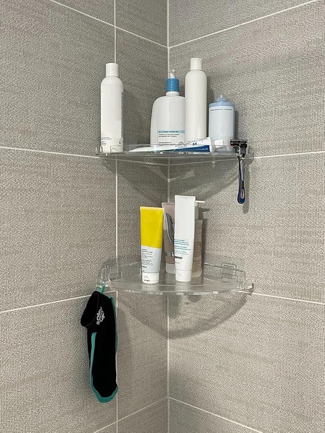 JiePai Acrylic Corner Shower Caddy Shelf with Hooks 2 Pack, Adhesive Wall Mounted Bathroom Shower Organizer for Inside Shower & Kitchen Storage, Space-Saving Design
