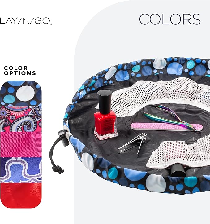 Lay-n-Go NailSpa Drawstring Cosmetic Bag - Portable Nail Supplies Organizer Bag w/ 8 Elastic Mesh Pockets & Circular Center - Durable, Machine Washable Nail Kit Organizer (18", Blue Polka Dot)