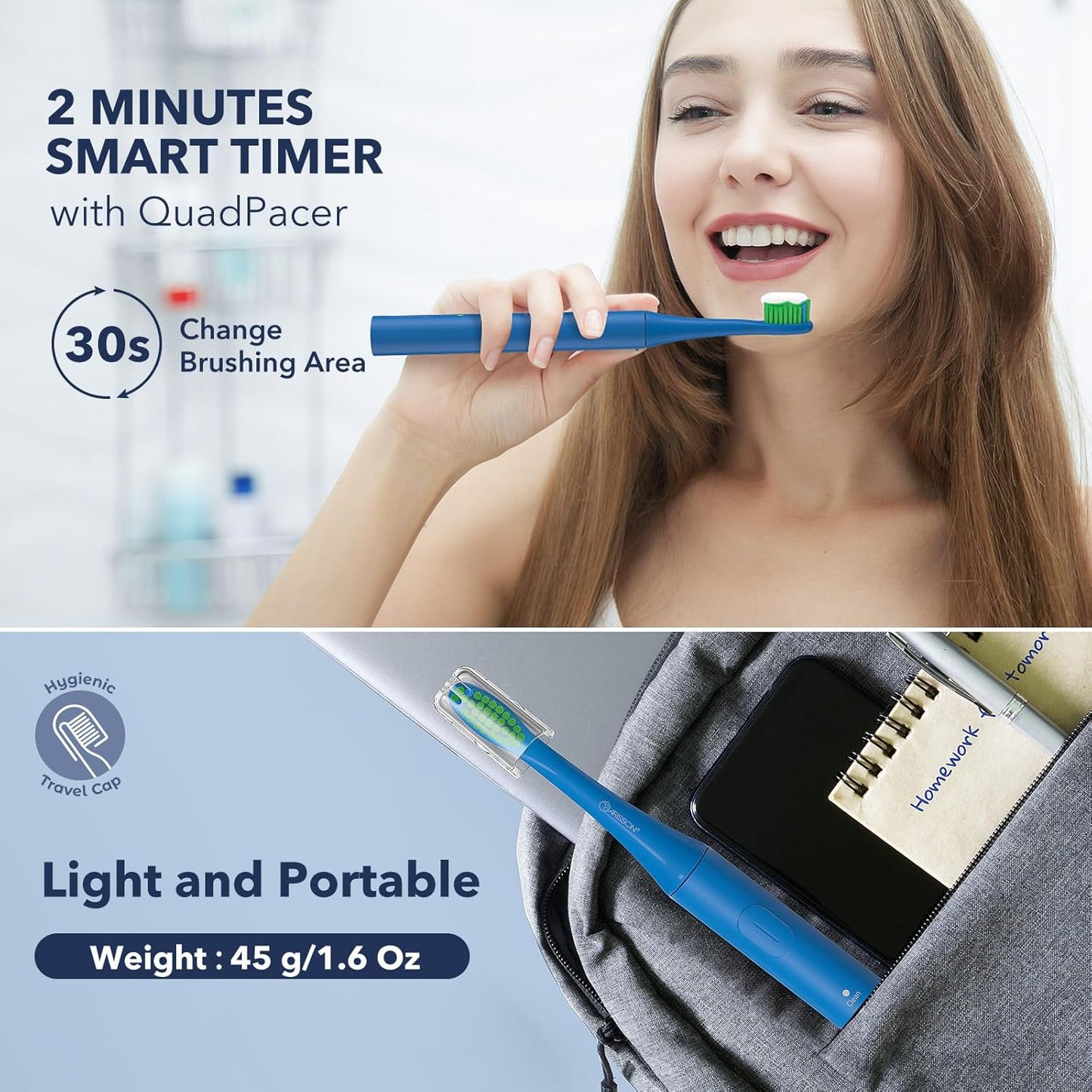 ARISSON Sonic Electric Toothbrush for Adults and Kids, 40,000 VPM Power Toothbrush, 1.5H Fast Charge Ultrasonic Electric Toothbrushes with 2 Minutes Smart Timer, 1.6 Oz Travel Toothbrush, Azure Blue