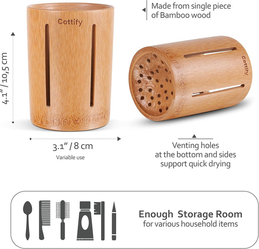Cottify Bamboo Toothbrush Holder with Drainage, Quick Drying Bathroom Cup Holder, Toothpaste Holder, Wood Toothbrush Drainer, Stripes Glossy