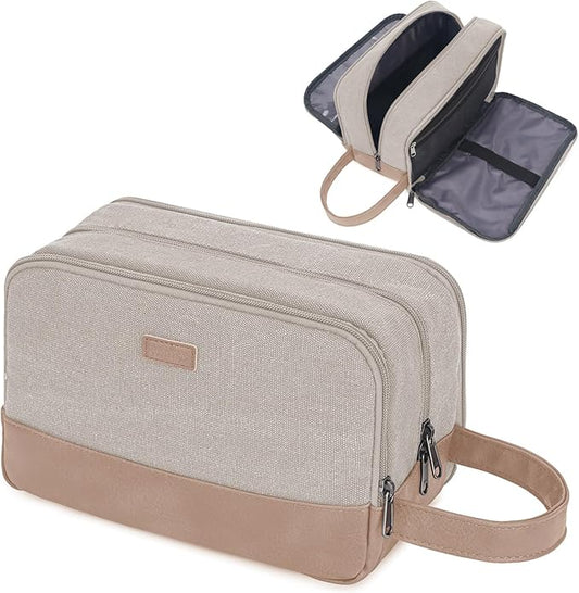 WANDF Travel Toiletry Bag for Men Large Toiletries Shaving Bag Water Resistant Hanging Dopp Kit Travel Accessories Bag for Women Men (Beige Gray)