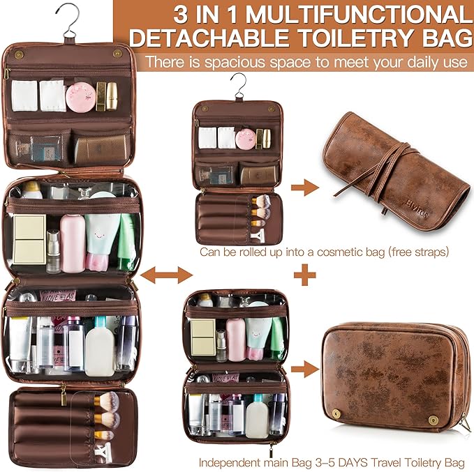 Elviros Hanging Toiletry Bag Removable Travel Bag PU leather Makeup Cosmetic Organizer Kit, Dark Brown