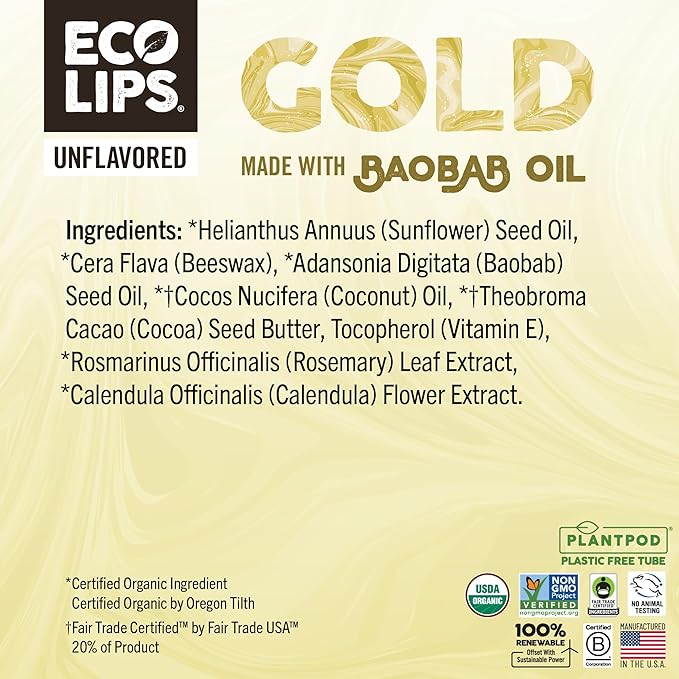 Eco Lips GOLD Organic Lip Balm with Baobab Oil - Soothe and Moisturize Dry, Cracked and Chapped Lips - 100% Plastic-Free Plant Pod Packaging (6 Tubes)