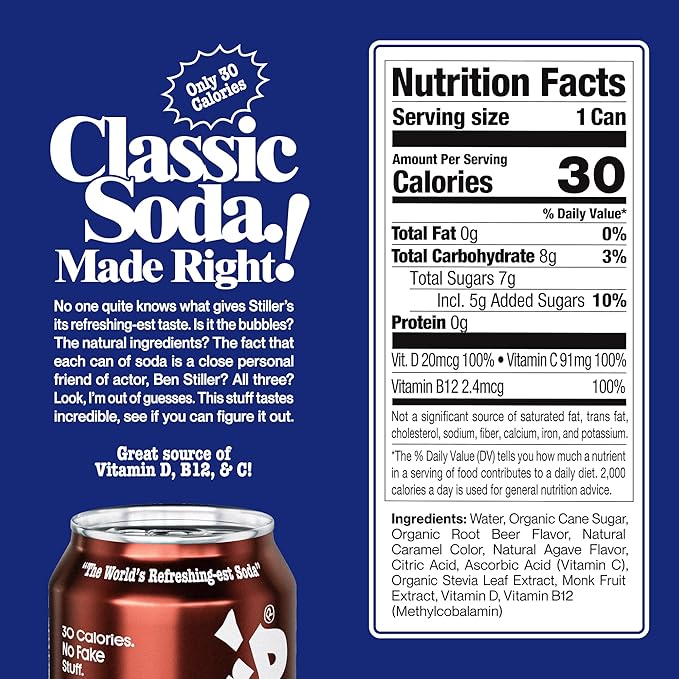 Stiller’s Root Beer Soda – 12 Pack Cans – Sparkling Root Beer Drink – Low Sugar, Caffeine-Free, Natural Soda Pop with Real Cane Sugar, Stevia & Vitamins – Alternative to Diet Soda
