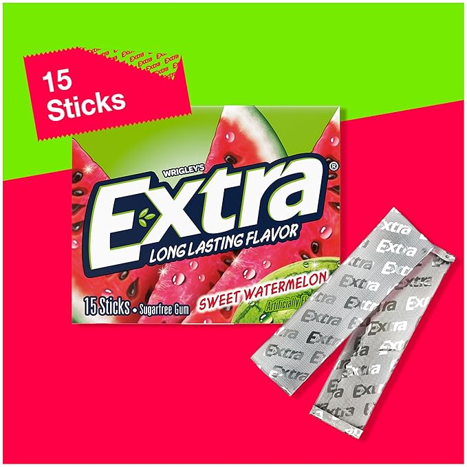 EXTRA Gum Sweet Watermelon Sugarfree, Bulk, Individually Wrapped, Long-Lasting Juicy Watermelon Flavor, Perfect for Fresh Breath at School, Work, and Travel 15 Count, Pack of 10