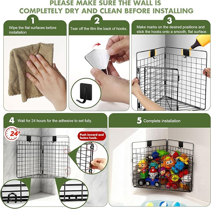 Large Corner Bath Toy Storage, Metal Bathtub Shower Toy Holder, Foldable bath Tub Toy Organizers Black, Bathroom Toy Storage with Drainage for Sorting Toys/Clothes/Toiletries