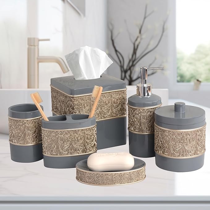 6-Piece Bathroom Accessories Set – Soap Dispenser, Toothbrush Holder, Tumbler, Soap Dish, Cotton Swab Jar & Toilet Brush – Modern Bathroom Decor Set (Gold Grey)