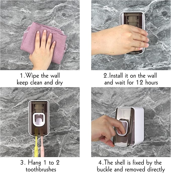 2 Slot Toothbrush Holder and Toothpaste Dispenser Wall Mounted, Automatic Toothpaste Squeezer, 2 in 1 Tooth Brush Toothpaste Organizer for Shower (Grey)