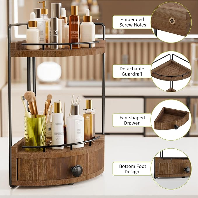 2-Tier Corner Bathroom Counter Organizer with Drawer & Embedded Screw Holes - Wooden Countertop Organizers for Skincare, Makeup Storage, Bathroom Sink Counter Shelf for Vanity, Dark Brown
