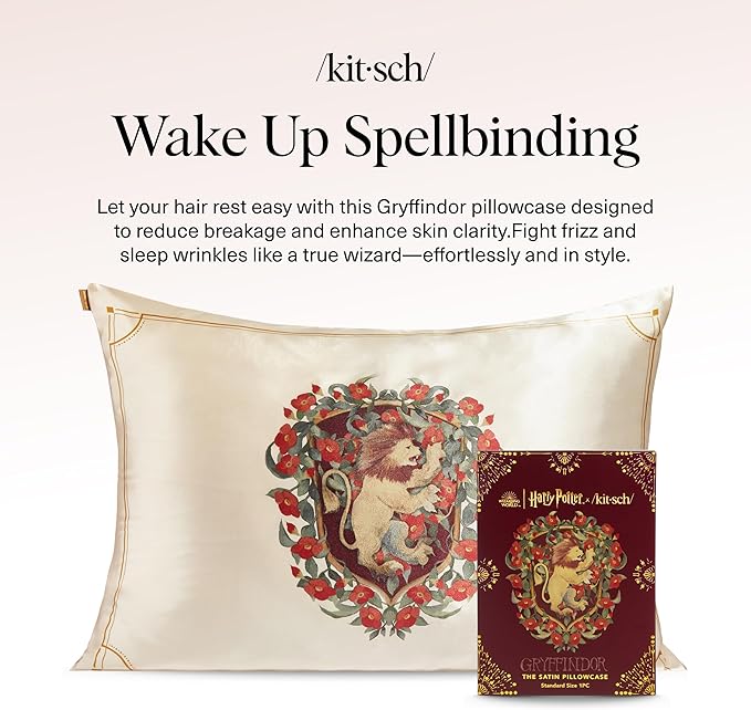 Kitsch x Harry Potter Gryffindor Satin Pillowcase w/Zipper for Hair & Skin - Double-Sided, Softer Than Silk, Wrinkle-Free, Machine Washable, Frizz Control, Breakout Prevention - Queen/Standard(19x26)