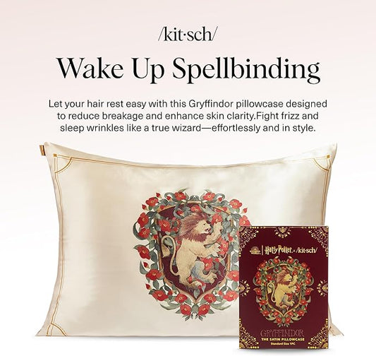 Kitsch x Harry Potter Gryffindor Satin Pillowcase w/Zipper for Hair & Skin - Double-Sided, Softer Than Silk, Wrinkle-Free, Machine Washable, Frizz Control, Breakout Prevention - Queen/Standard(19x26)