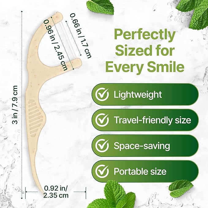 Biodegradable Floss Picks (200-Pack) - Eco-Friendly Plant-Based Dental Flossers for Tight Teeth - Plastic-Free, Mint Flavored, Ergonomic Design for Sensitive Gums