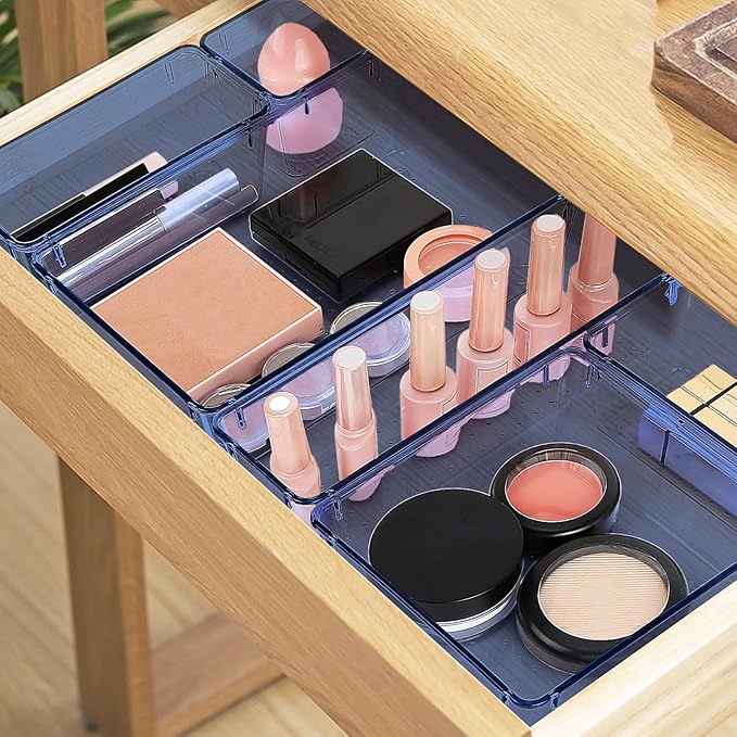 23 PCS Drawer Organizer Set, 5 Varied Size Bathroom and kitchen Drawer cabinet organizer Trays, Clear Storage Bins for Makeup, Jewelry, Utensils and Gadgets, Dark Blue