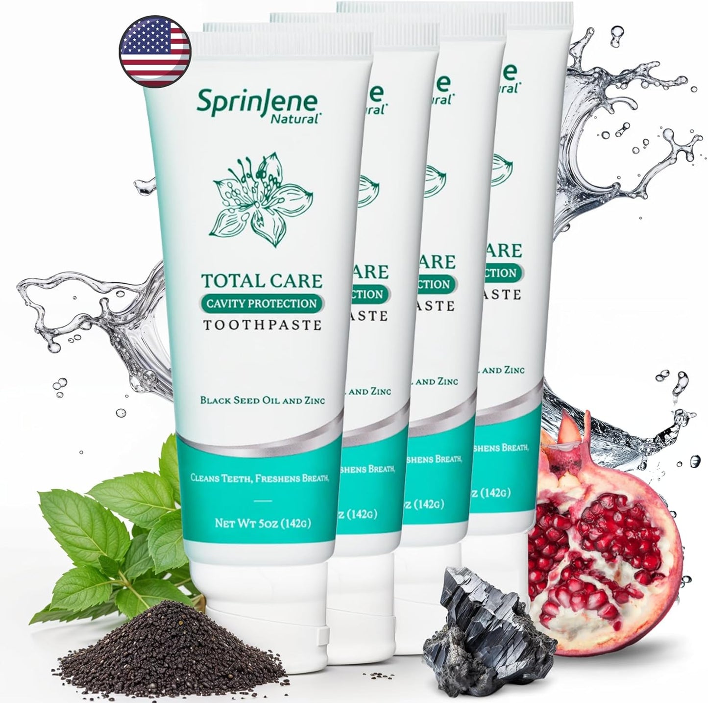 SprinJene Natural Total Care Toothpaste – Fluoride Toothpaste for Cavity Protection & Gum Health – Natural Formula with Patented Black Seed Oil & Zinc – Made in The USA (4 Pack)