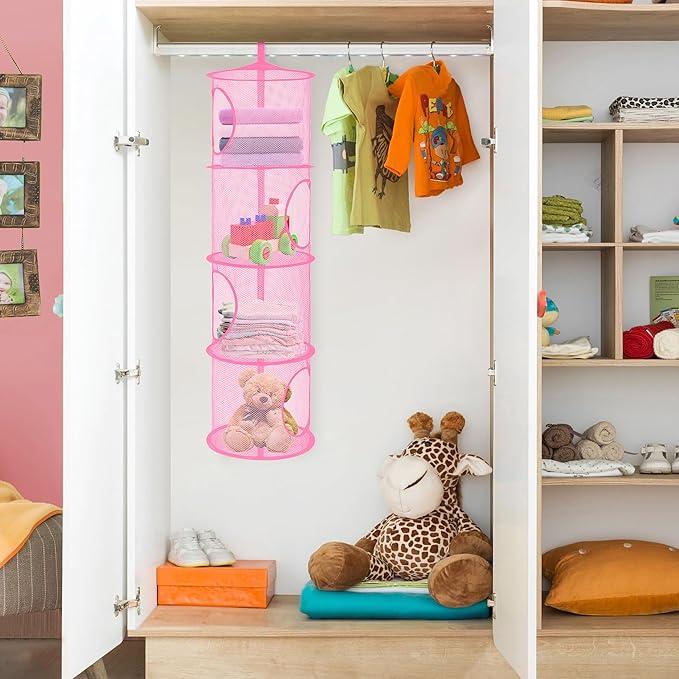 Libeder Mesh Hanging Storage Space Saver Bags Organizer,Foldable Storage Organizer 4 Compartments Toy Storage Basket for Kids Room Bathroom 2 Sets Pink