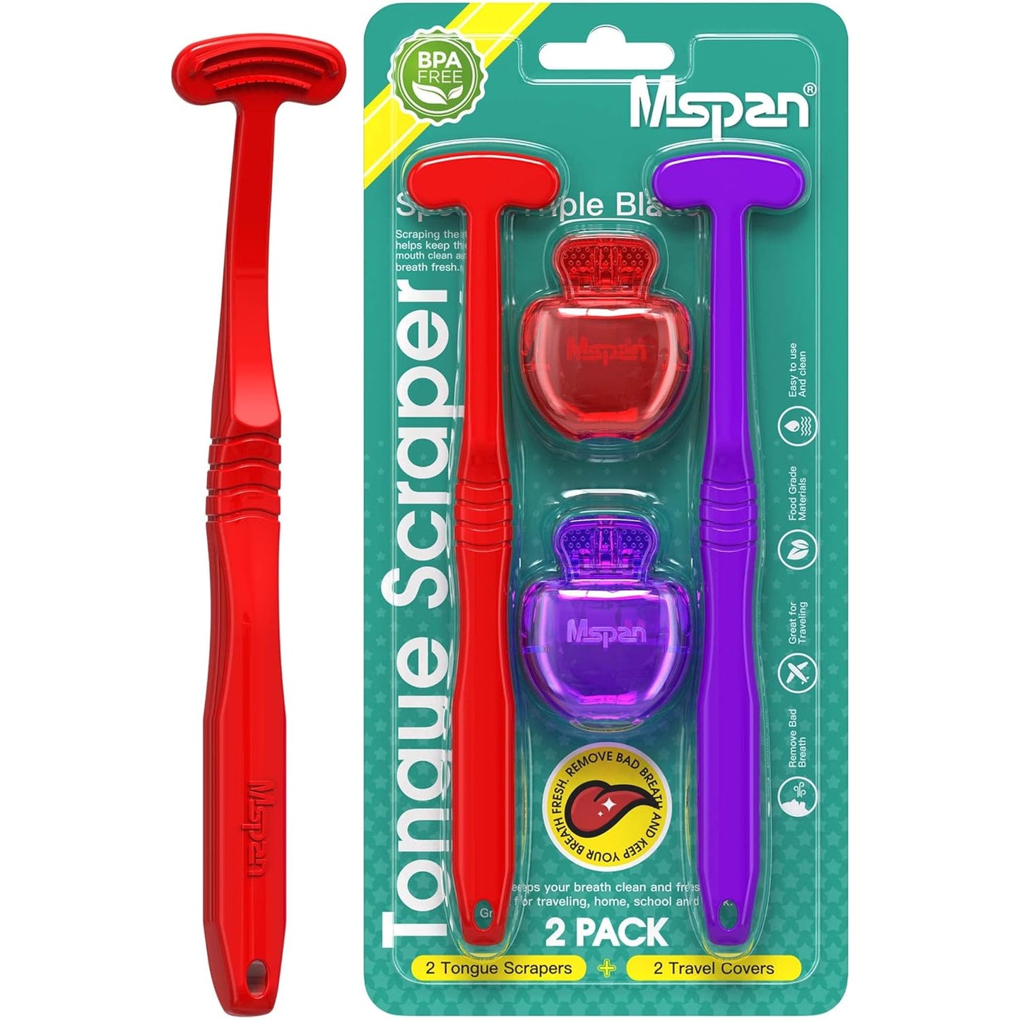 Mspan Tongue Scraper Cleaner for Adults: Tongue Brush Cleaning Scrubber with Plastic Travel Case Cap - Clean Bad Breath Dental Oral Care Red Purple 2 Pack