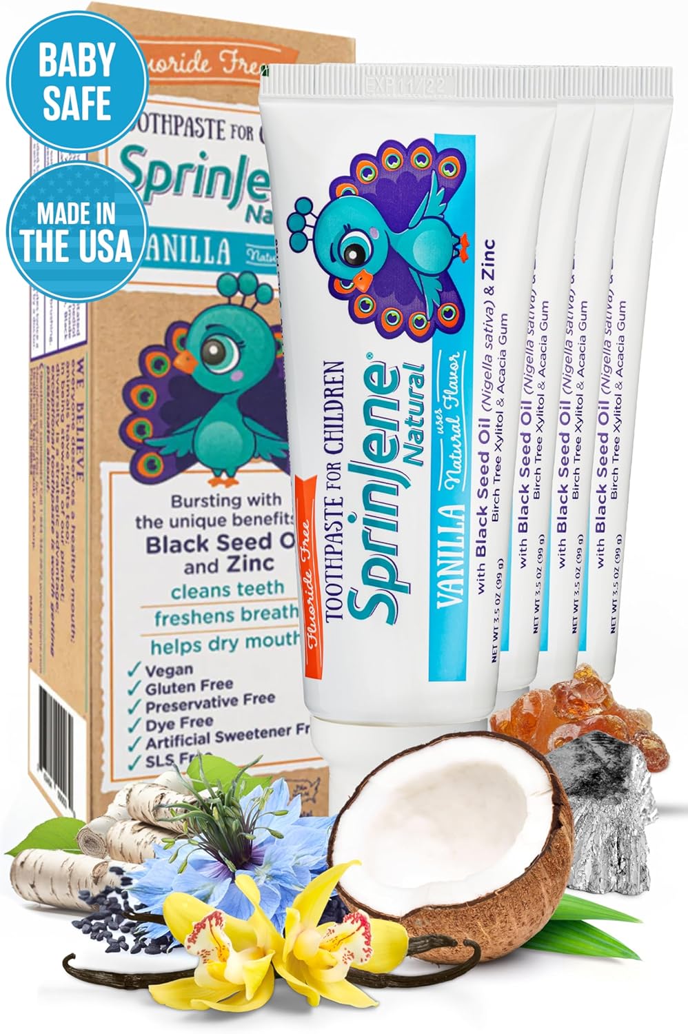 SprinJene Natural Children’s Toothpaste – Fluoride Free Vanilla Toothpaste for Toddlers & Kids – Gentle Safe Natural Formula with Patented Black Seed Oil & Zinc – Made in The USA (4 Pack)