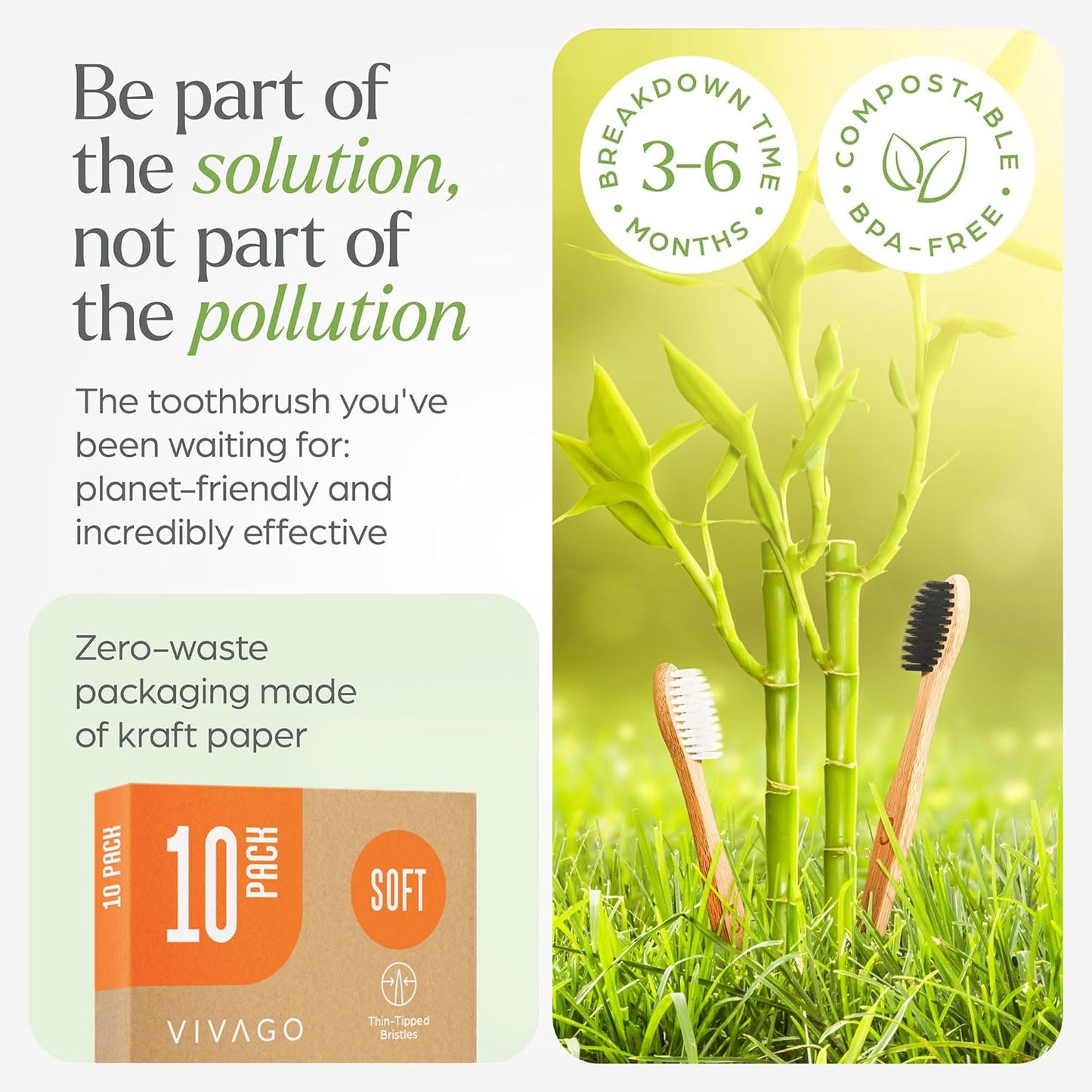 Soft Flossing Bamboo Toothbrushes 10 Pack - BPA Free Soft Bristles Toothbrushes for Adults, Natural Wooden Toothbrush