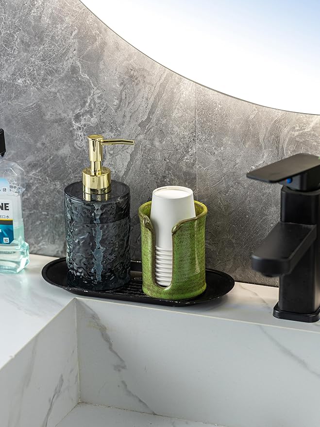 Ceramic Bathroom Cup Dispenser, 3 Oz Bathroom Cup Holder for Dixie Cups, Mouthwash Cup Dispenser for Bathroom Countertop, Green