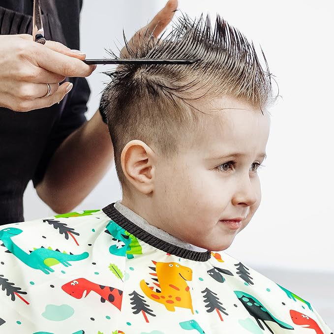 Gealaek Kids Haircut Cape and Neck Duster Brush Set with Dinosaur Pattern Kids Barber Cape 55x40 Inches for Boys & Girls Salon Cape Kit (White)