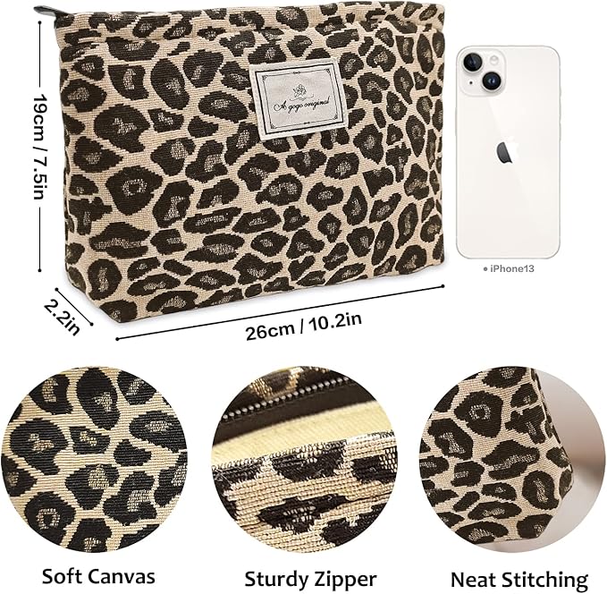 STARDW Leopard Makeup Bag Organizer Cosmetic Bags for Women and Girls,Travel Toiletry Bag Large Capacity Canvas Makeup Zipper Pouch, Purse Organizer Pouches (Brown Leopard)