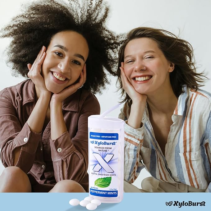 XyloBurst - Xylitol Mints | Sugar Free Breath Mints for Oral Health | Gluten Free, Vegan, Keto Friendly | Aspartame Free Mints | Peppermint | 60 Count Jar, 8-Pack