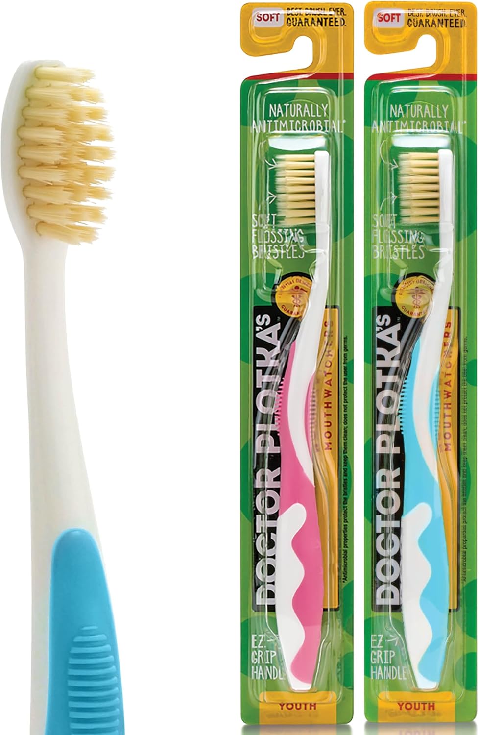 MOUTHWATCHERS Soft Childrens Flossing Manual Toothbrush, 1 Pink and 1 Blue Toothbrushes for Kids & Teens, Ultra Clean, by Dr. Plotka's