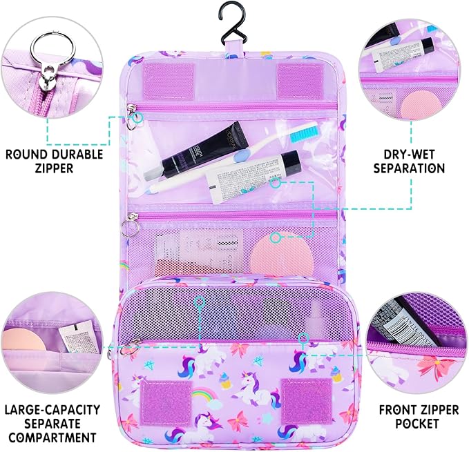 Kids Hanging Toiletry Bag for Girls, Travel Toiletry Bag for Little Young Girls Cosmetic Makeup Waterproof Wash Bag Toddler Traveling Toiletries, Unicorn Purple