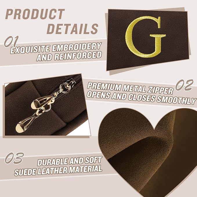 Personalized Initial Makeup Bag,Preppy Suede Cosmetic Bag for Teen Girls,Small Monogram Travel Toiletry Bag With Gold Embroidered Letter,Trendy Stuff Custom Christmas Gift for Women(Coffee-G)