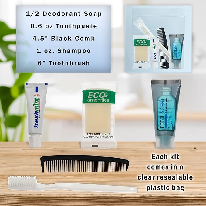 Moda West 96 Hygiene Kits - Bulk Case Wholesale Deluxe Toiletries for Men, Women, Travel, Charity, Includes Shampoo, Deodorant, Toothpaste, Razor, More, Homeless Shelters, Donations, Hotels, Travel