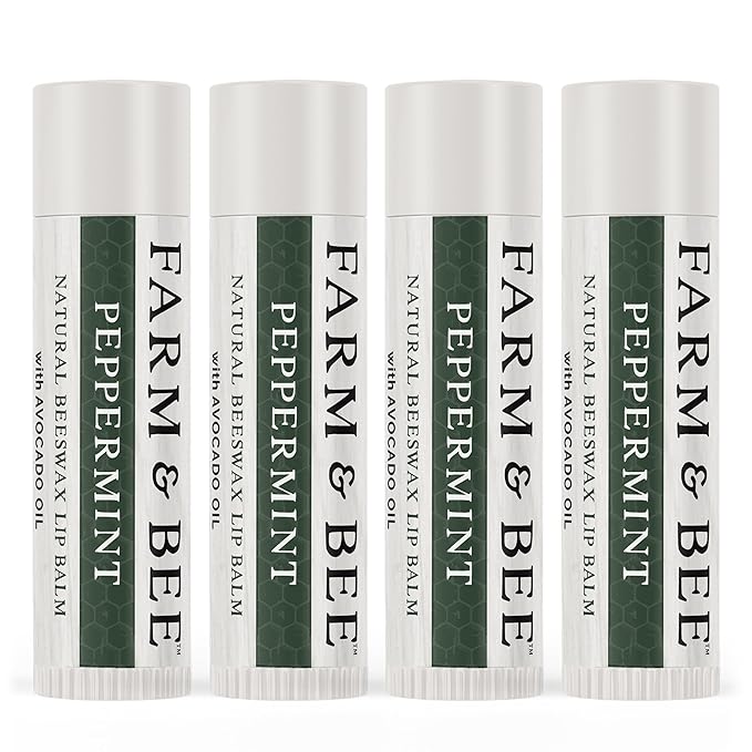 Natural Lip Balm - Organic & Natural Ingredients - Beeswax Based Moisturizing Lip Care Chapstick for Chapped Lips - Great Gift Idea - Farm & Bee - 0.15oz (Pack of 4 - Peppermint)
