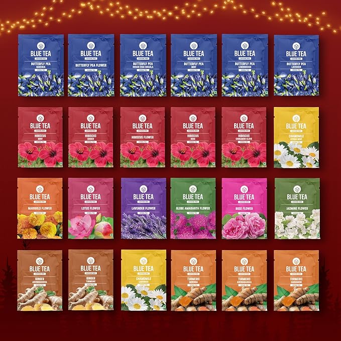 BLUE TEA - Advent Calendar 2025 (Blue) - 24 Tea Bags - Plant Based - 24 Unique Tea | Limited Edition | Sampler & Variety Pack | Caffeine Free - Herbal Tea - Christmas Holiday Unique Advent Calendar Tea Gift Set | Gift Idea for Men and Women