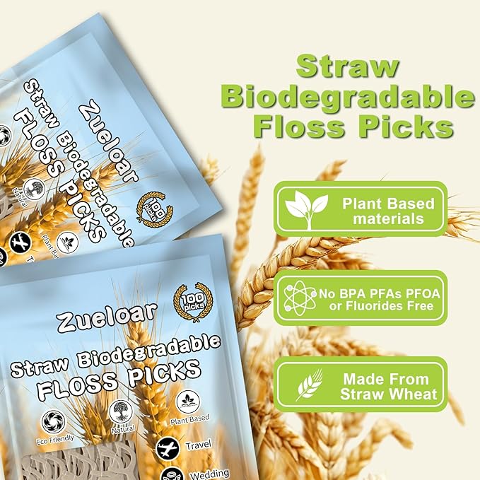 Straw Biodegradable Dental Floss Picks 300 Count,Zueloar Eco Friendly Natural Vegan Plant Based Floss Sticks,Tooth Flosser Clean for Adults Kids Oral Gum Care (300)