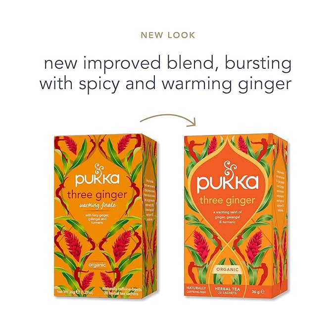 Pukka Three Ginger Organic Herbal Tea, Digestion-Aiding Infusion With Ginger, Turmeric, and Galangal, Tea Gift Set Ideal After Meals, Caffeine Free, 80 Total Bags (20ct - Pack of 4)