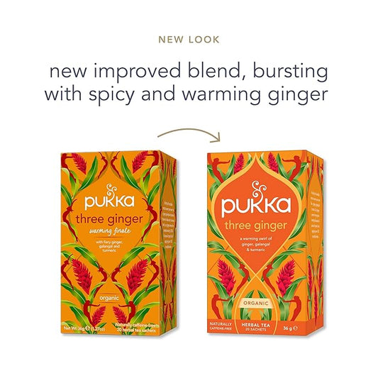 Pukka Three Ginger Organic Herbal Tea, Digestion-Aiding Infusion With Ginger, Turmeric, and Galangal, Tea Gift Set Ideal After Meals, Caffeine Free, 80 Total Bags (20ct - Pack of 4)