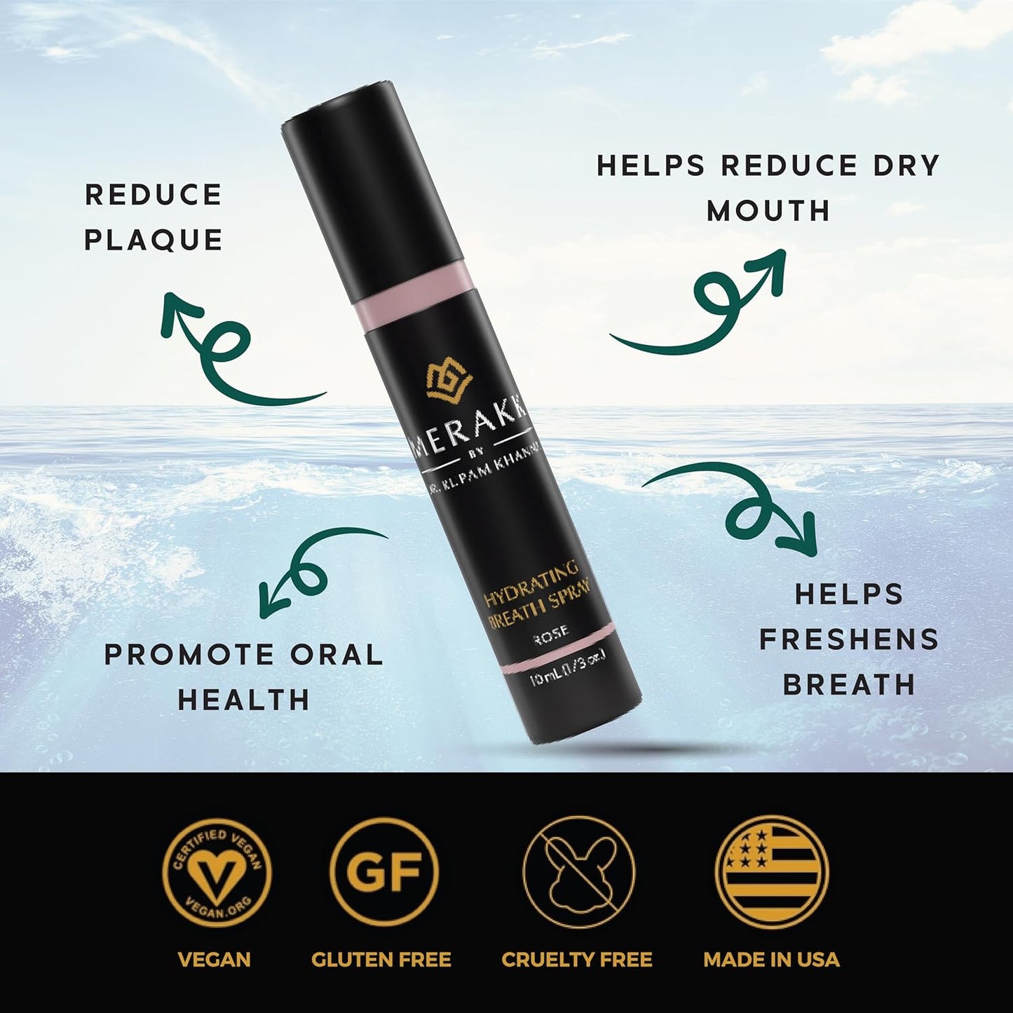 Merakk Limited Edition Fresh Breath Spray in Rose - Sugar-Free Breath Freshener Spray & Dry Mouth Spray - Bad Breath Spray with Stevioside, Menthol & Glycerin - Dentist-Designed Oral Spray - 0.3 fl oz