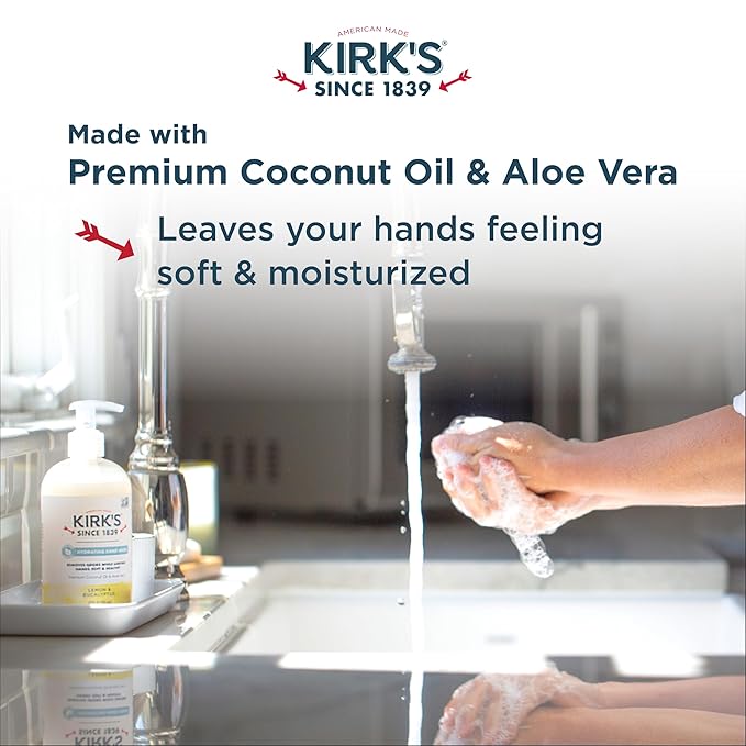 Kirk's Odor-Neutralizing Clean Hand Soap Castile Liquid Soap Pump Bottle | Moisturizing & Hydrating Kitchen Hand Wash | Lemon & Eucalyptus Scent | 12 Fl Oz. Bottle