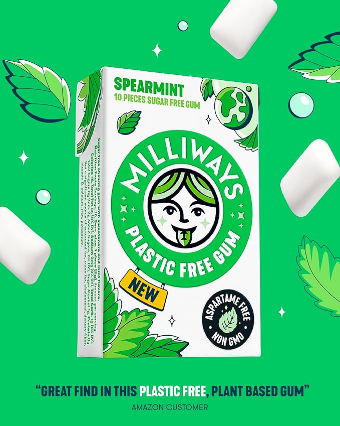 Milliways Spearmint | Plastic Free Gum | Xylitol, Aspartame-Free, Sugar-Free, Plant-Based, Natural Chewing Gum | 120 Pieces Total (12 Packs of 10 Pieces)