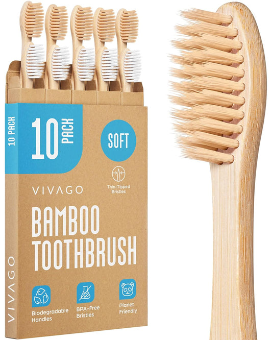 Soft Flossing Bamboo Toothbrushes 10 Pack - BPA Free Soft Bristles Toothbrushes for Adults, Natural Wooden Toothbrush