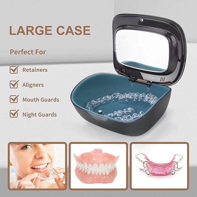 MURRI&MURRDI Retainer Case, Denture Bath Box with Strainer Basket, Mouth Guard Case, Braces Cleaner Cup, Cute Denture Holder Retainer Storage Soak Container for Travel Cleaning (C Black)