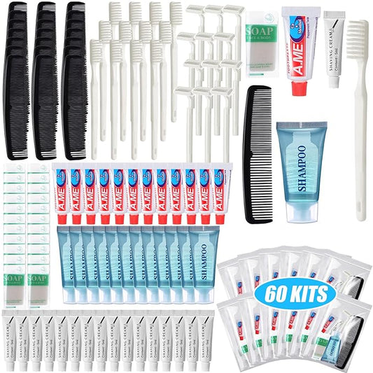 60 Set Travel Convenience Toiletry Kit Bulk Basic Toiletry Kits Travel Size Homeless Personal Hygiene Kit Homeless Care Package Supplies with Reusable Toiletry Bag for Men Charity