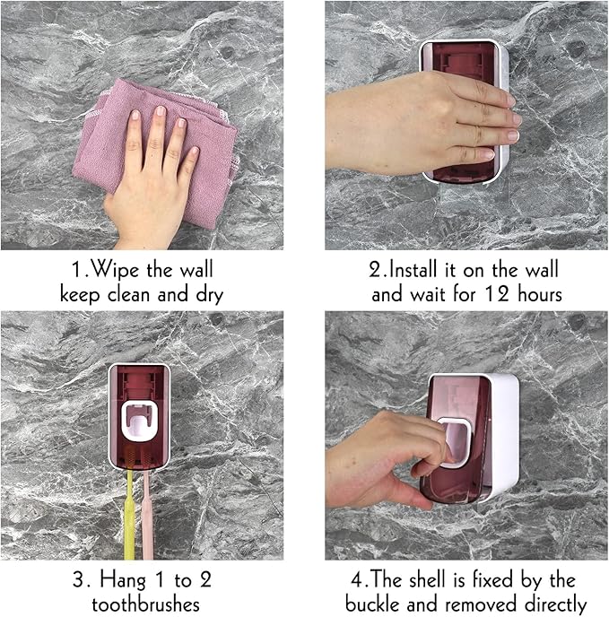 2 Slot Toothbrush Holder and Toothpaste Dispenser Wall Mounted, Automatic Toothpaste Squeezer, 2 in 1 Tooth Brush Toothpaste Organizer for Shower (Red)