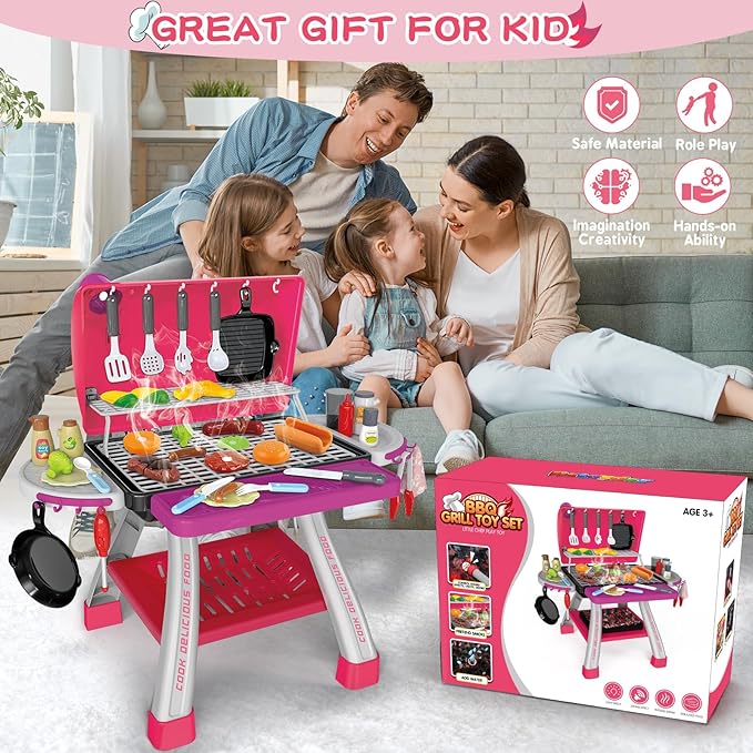 Kids Play Kitchen Toys, Kids BBQ Grill Kitchen Playset with Smoke, Sound & Light, Pink Play Food Toys Cooking Set, 2-Layer Barbecue Outdoor Play Grill Toy Gift for Toddler Girls 3-5, Pink