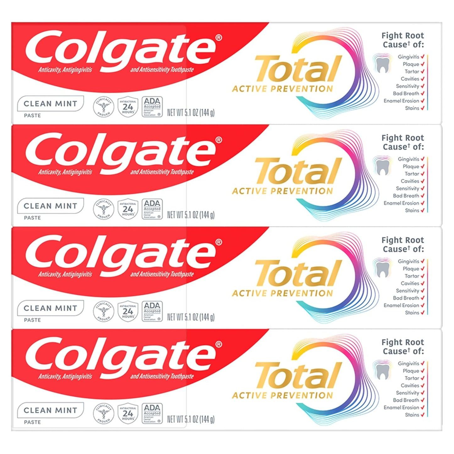 Colgate Total Clean Mint Toothpaste, 10 Benefits, No Trade-Offs, Freshens Breath, Whitens Teeth and Provides Sensitivity Relief, Clean Mint Flavor, 4 Pack, 5.1 Oz Tubes